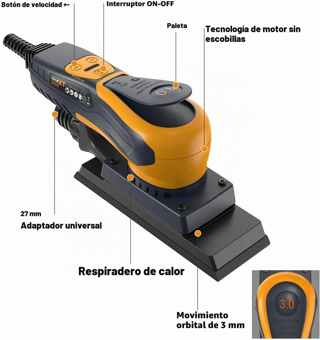 MAXXT Lijadora orbital 3.0 sin escobillas 350W, velocidad ajustable 4000-10000/RPM, freno automático 2s, recogida automática de polvo, superficie de lijado 198x70mm, 10 hojas abrasivas