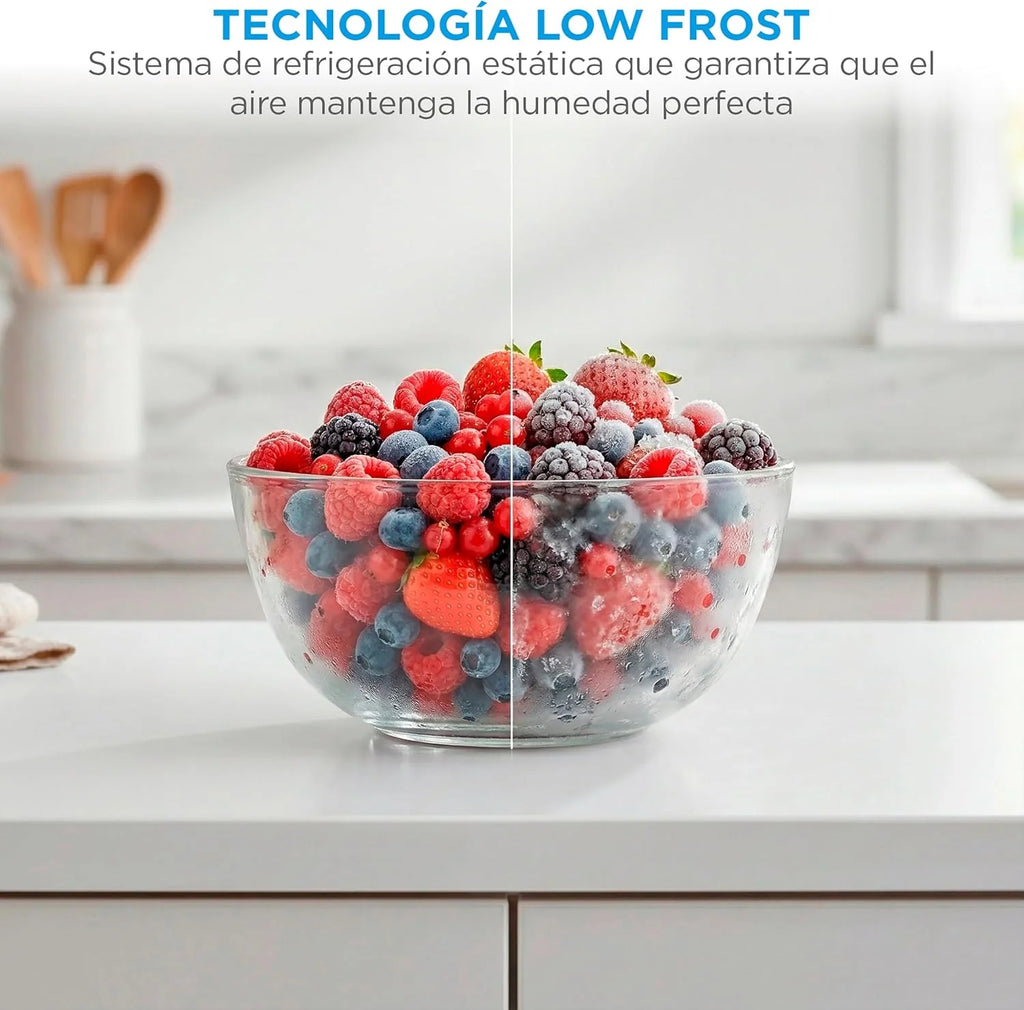 Midea Frigorífico 2 puertas 140 cm alto x 55 cm ancho, Inox, Capacidad 204 L, Nevera Pequeña con Congelador Low Frost de Bajo Consumo, Puerta Reversible, Luz LED, Silencioso 40dB, Cajón de Frutas