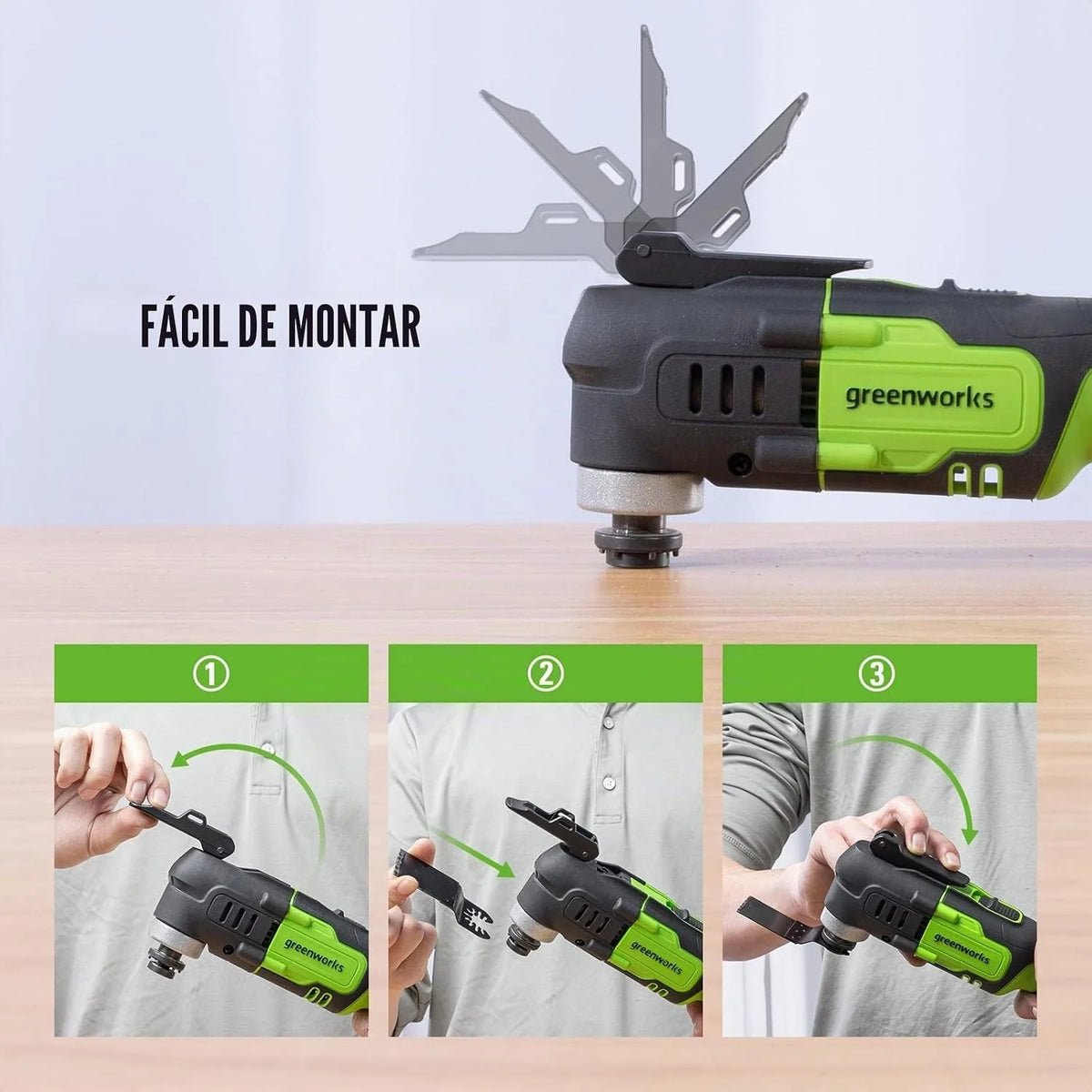 Greenworks Herramienta multifuncional 24V G24MT (Li-Ion 24V 18000 oscilaciones por minuto arco oscilante de 3° velocidades variable cambio de cuchilla sin herramienta luz LED con batería y cargador)
