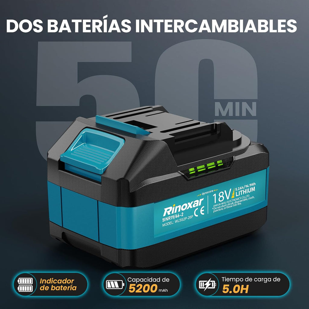 Soplador de Hojas, 5 Velocidades Sopladora de Hojas con Bateria con Motor Brushless, 2 Baterías de 5.2Ah/18V, 35.000 RPM, Velocidad Aire 180 km/h, Vaudal Aire 800 m³/h, 2 Boquillas Intercambiables