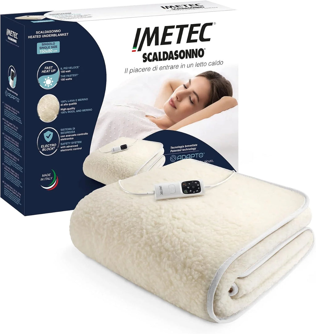 Imetec Adapto - Calientacamas individual 150x80 cm, 100% lana y merino, tecnología patentada, rápido calentamiento, sistema de protección Electro Block, controlador con 6 niveles de temperaturas