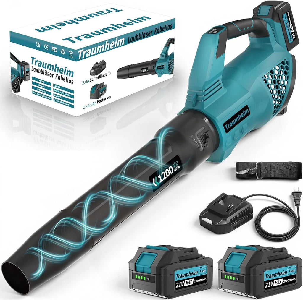 Soplador de Hojas a Batería, Inalámbrico, 3 Velocidades, 1200 m³/h, con 2 Baterías de 4,0Ah/21V, para Jardín, Hojas, Polvo y Nieve
