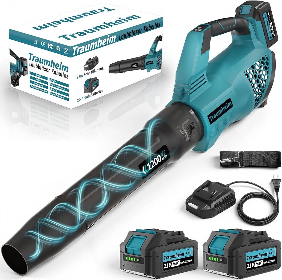 Soplador de Hojas a Batería, Inalámbrico, 3 Velocidades, 1200 m³/h, con 2 Baterías de 4,0Ah/21V, para Jardín, Hojas, Polvo y Nieve