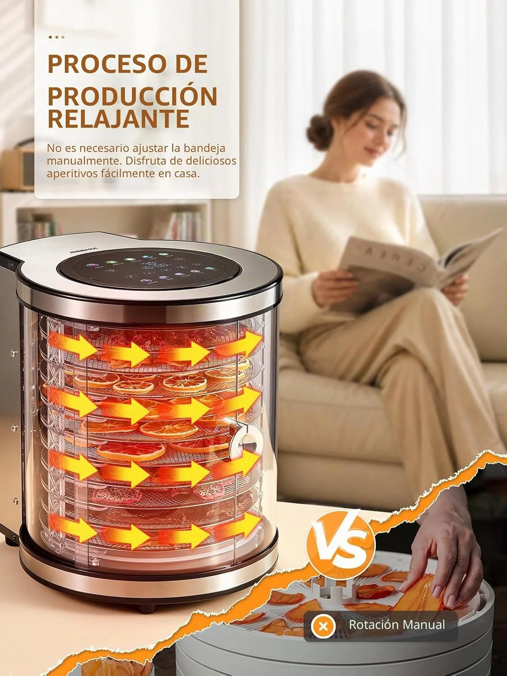 Deshidratador de acero inoxidable con 10 niveles, deshidratador giratorio con 9 programas y pantalla LCD, regulador de temperatura de 35 – 75 °C y temporizador de 48 horas, secador de carne silencioso
