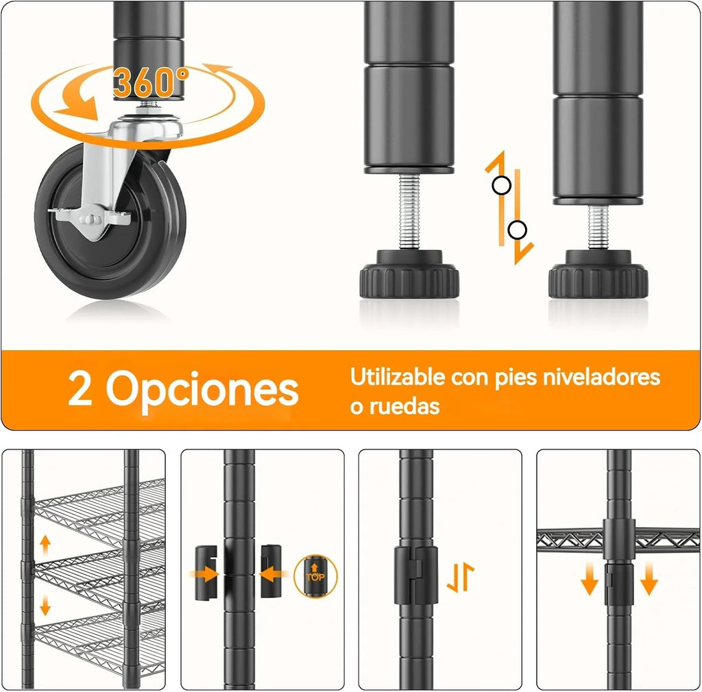 Himimi Estantería de Alambre de 4 Niveles con Ruedas y Pies Niveladores, Altura Ajustable, Estante de Almacenamiento Metálico para Cocina, Baño, Sala de Estar, Capacidad de 500 kg, 90*45*183 cm, Negro