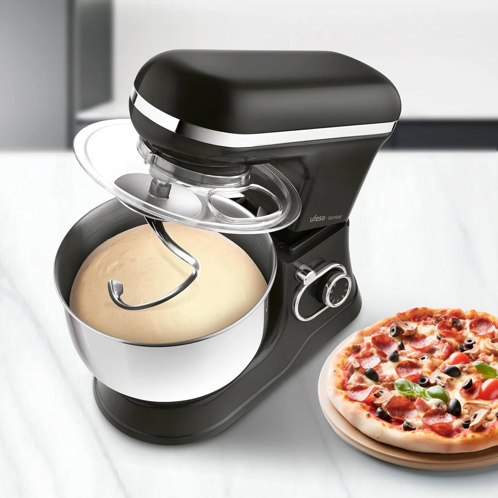 Ufesa Genius Batidora Amasadora 5 en 1 para Repostería Profesional, 1200W, 5L, Robot Cocina Multifunción, Bol en Acero Inoxidable, 6 Velocidades + Turbo, 3 accesorios incluidos, Sin BPA