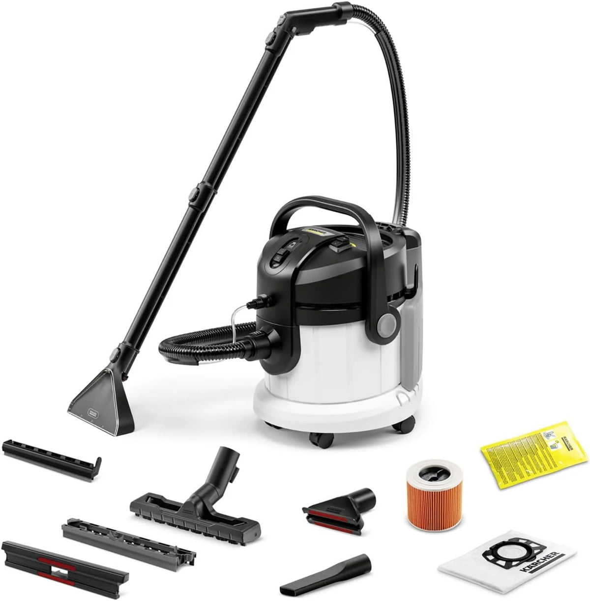 KÄRCHER Lava-aspiradora SE 4, Manguera de aspiración con pulverizador, depósitos de 4 l, boquillas de Lavado, de Clip y para tapicerías, con Accesorios para Suelos Duros y alfombras