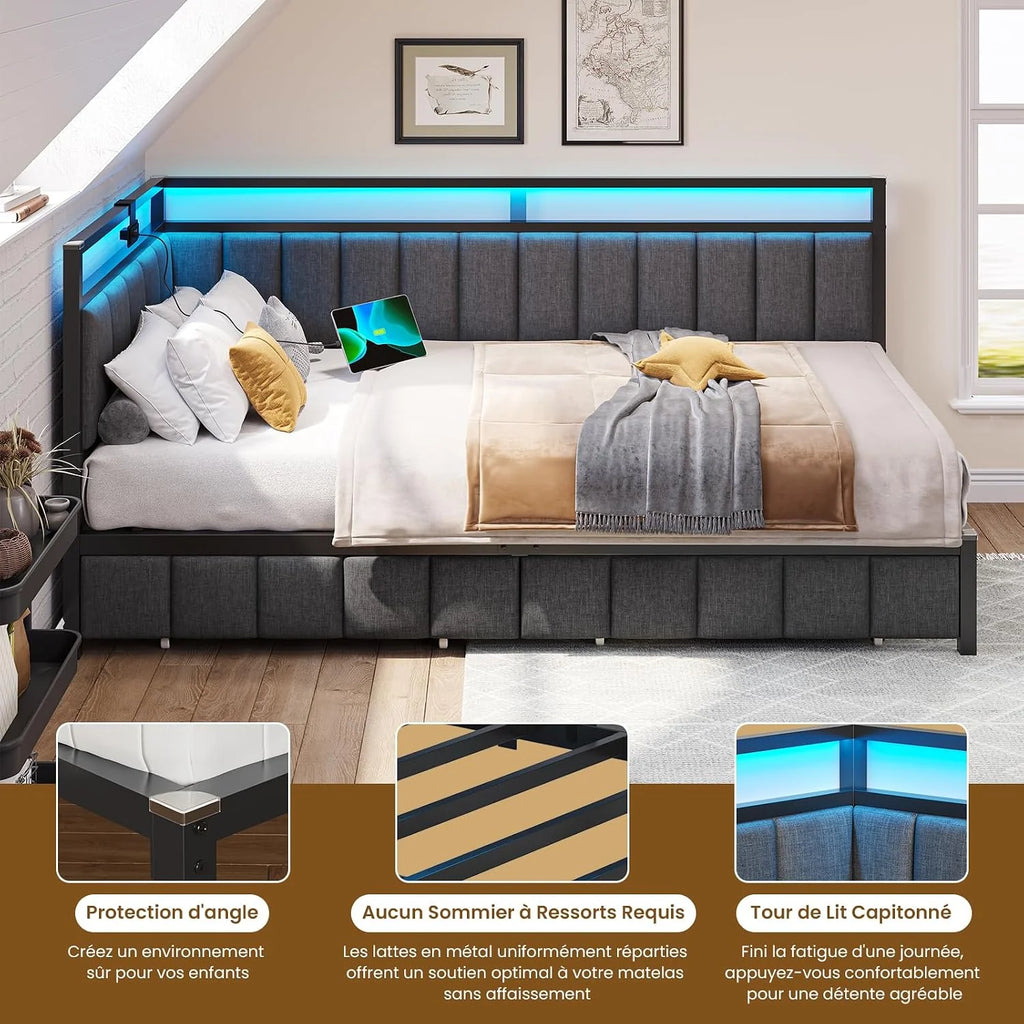 DICTAC Upholstered Bed Sofa Bed 90 x 190 cm with LED Lighting and USB Socket, Youth Beds with 2 Storage Drawers, Bed Frame 90 x 190 cm with Metal Slatted Base, Dark Grey