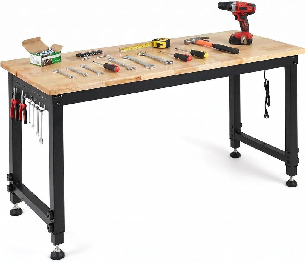 COSTWAY Banco de Trabajo con Estación de Carga, 122 x 51cm, Mesa Trabajo Taller con Altura Ajustable en 6 Niveles, Encimera de Madera Caucho, Marco Metálico, Estación Bricolaje, Carga 900 kg