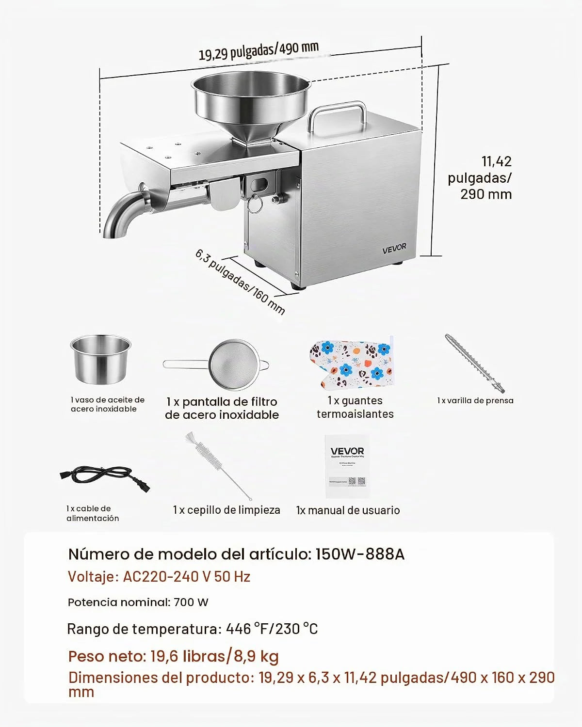 VEVOR Prensa de Aceite Eléctrica 700 W, Máquina de Prensado de Aceite 3,75 kg/h, Prensado en Caliente a 230 °C, Extractor de Acero Inoxidable, Uso Doméstico y Comercial, para Cacahuetes, Soja