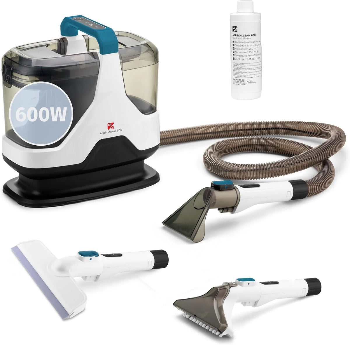 Di4 Aspiroclean 600W Aspirador de Tapicerías, Líquidos y Sólidos, Cepillo Multifunción, Accesorio Limpiacristales, Apto para Suciedad Mascotas, Alfombras, Sofás, Coche y Cristales, Incluye Detergente