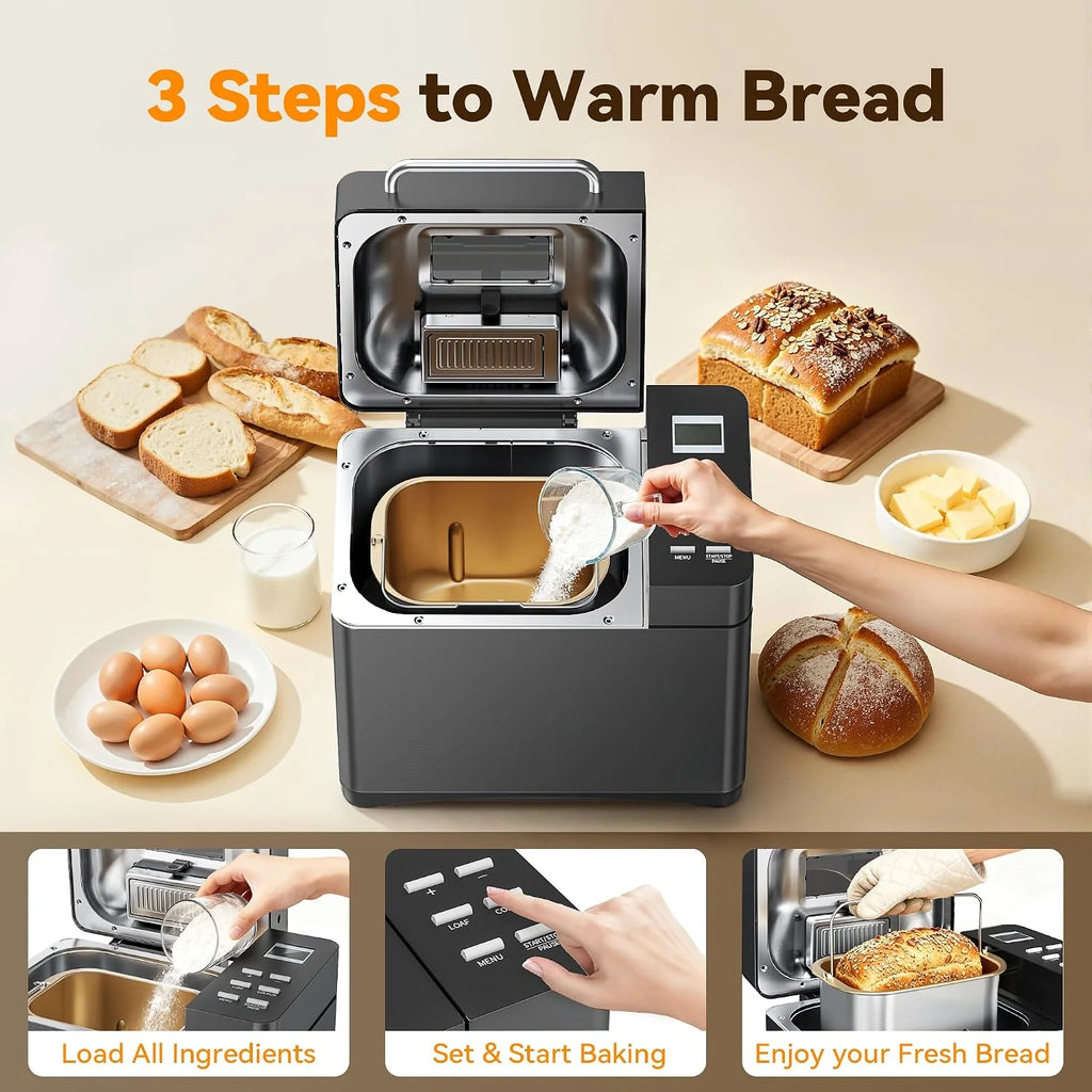 TRIUMPHKEY 19 Programas Panificadora Automática con Dispensador, 3 Tamaños & 3 Tostados Panificadora de Pan, Temporizador 15h, 1kg Maquina de Hacer Pan, Panificadora sin Gluten, Yogur y Mermelada