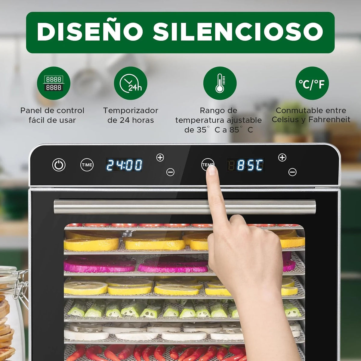 Kwasyo Deshidratador de Alimentos, Deshidratadora con 8 Bandejas de acero inoxidable, Temperatura adjustable 30-85℃, Temporizador de 24 horas, Secador de alimentos para frutas, Veg, Carne, Setas, 700W