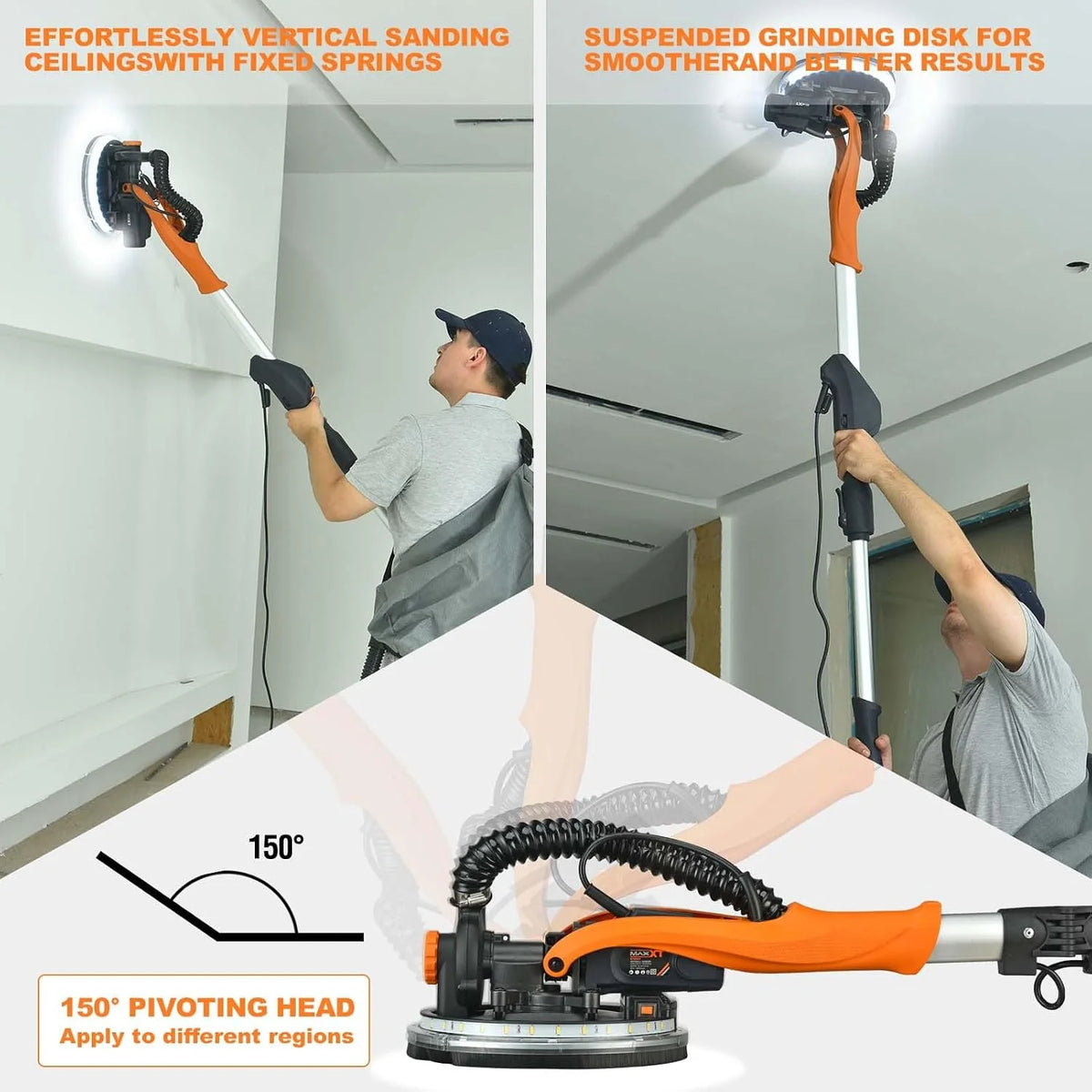 Lijadora Jirafa MAXXT 820W: plegable con tubo de extensión (110 cm/165 cm), velocidad ajustable (600-1900 rpm), LED, borde lateral desmontable, 6 tipos de papel de lija para paredes y techos