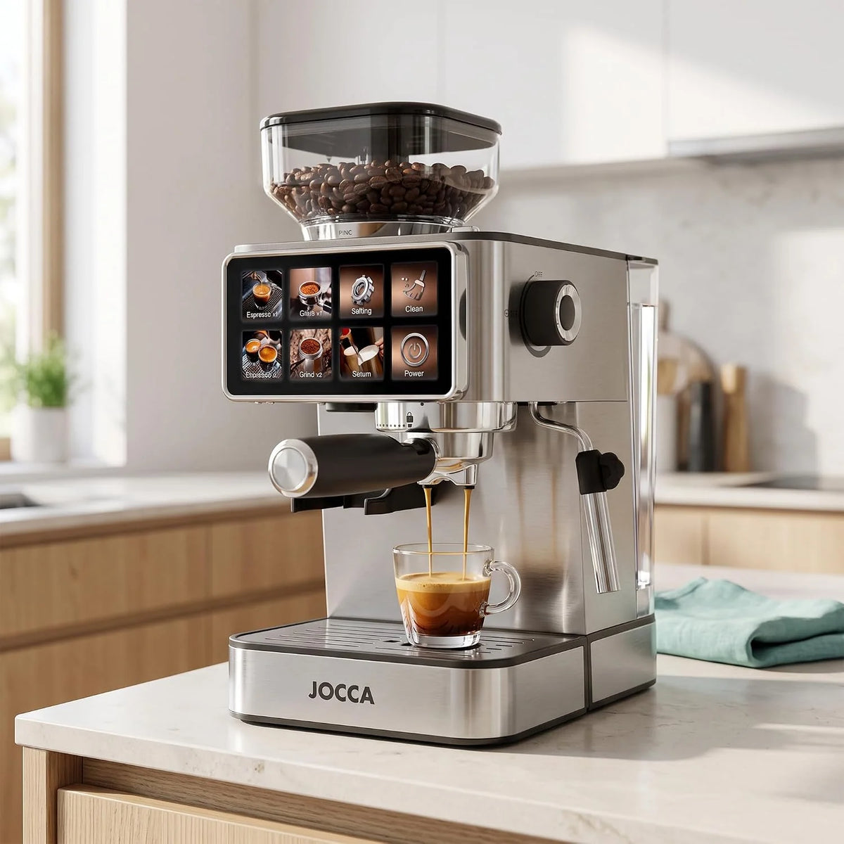 Jocca - Cafetera Espresso Semiautomática 20 Bar con Molinillo, Pantalla Táctil, 22 Niveles de Molienda, Vaporizador, Depósito 1,3L, 1450W, Acabado en cromado Acero Inoxidable