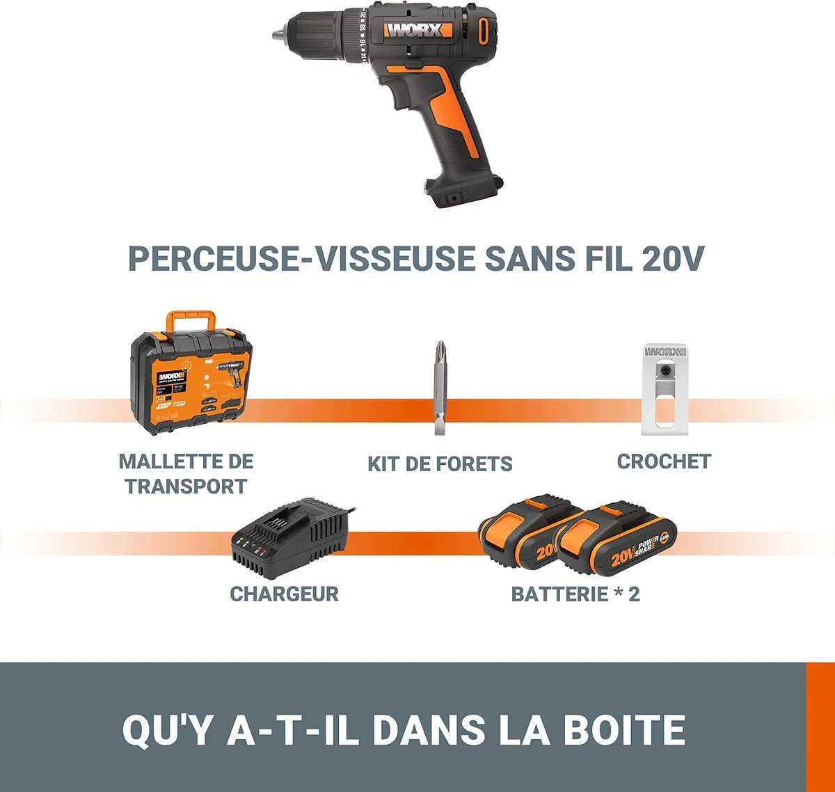 WORX WX108 Taladro Atornillador 20V 2Bat 45Nm