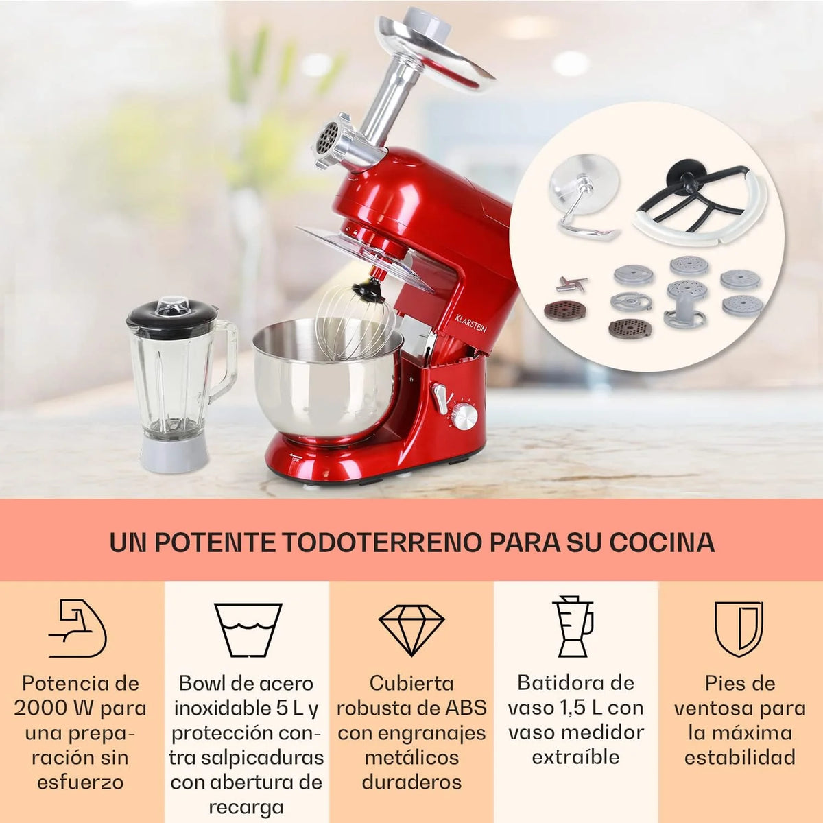 Klarstein Batidora Amasadora con Bol, 5L para Hornear, Robot Cocina, Amasadora Reposteria 1800W, Picadora Carne, Gancho y Bol para Mezclar con Varillas Rotación Planetaria 6 Velocidades