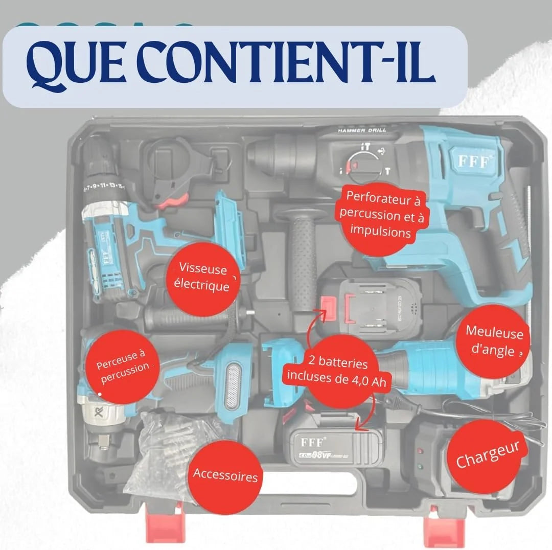 Kit de bricolaje profesional 4 en 1 con taladro y atornillador inalámbrico, taladro de percusión inalámbrico, amoladora angular inalámbrica, martillo perforador y taladro de percusión de 68 V