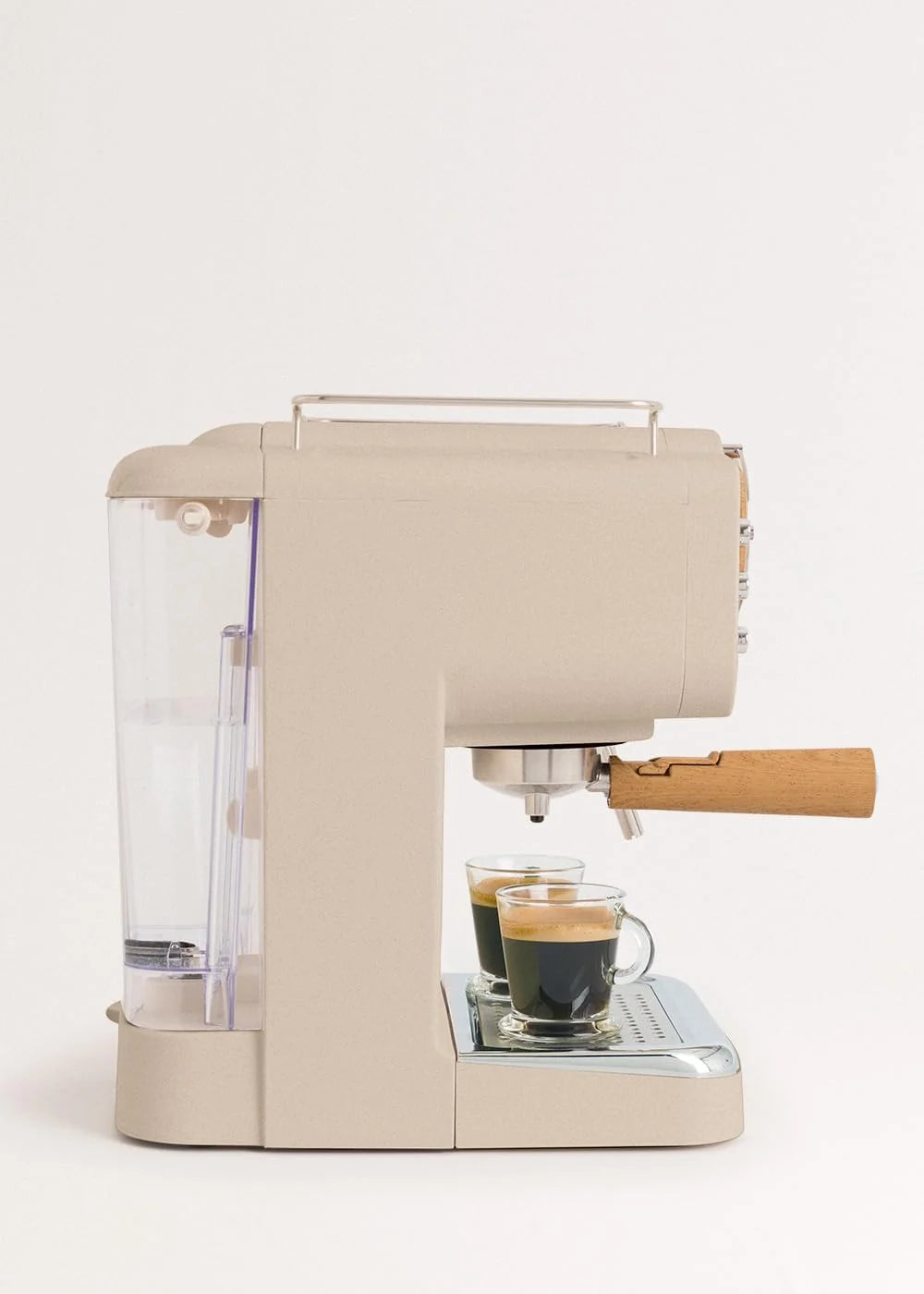 CREATE / THERA RETRO/Cafetera Express Semiautomática arena mate y madera / 20 bares, brazo doble salida, depósito 1,25L, café molido y monodosis ESE 55mm, con vaporizador, 1100W