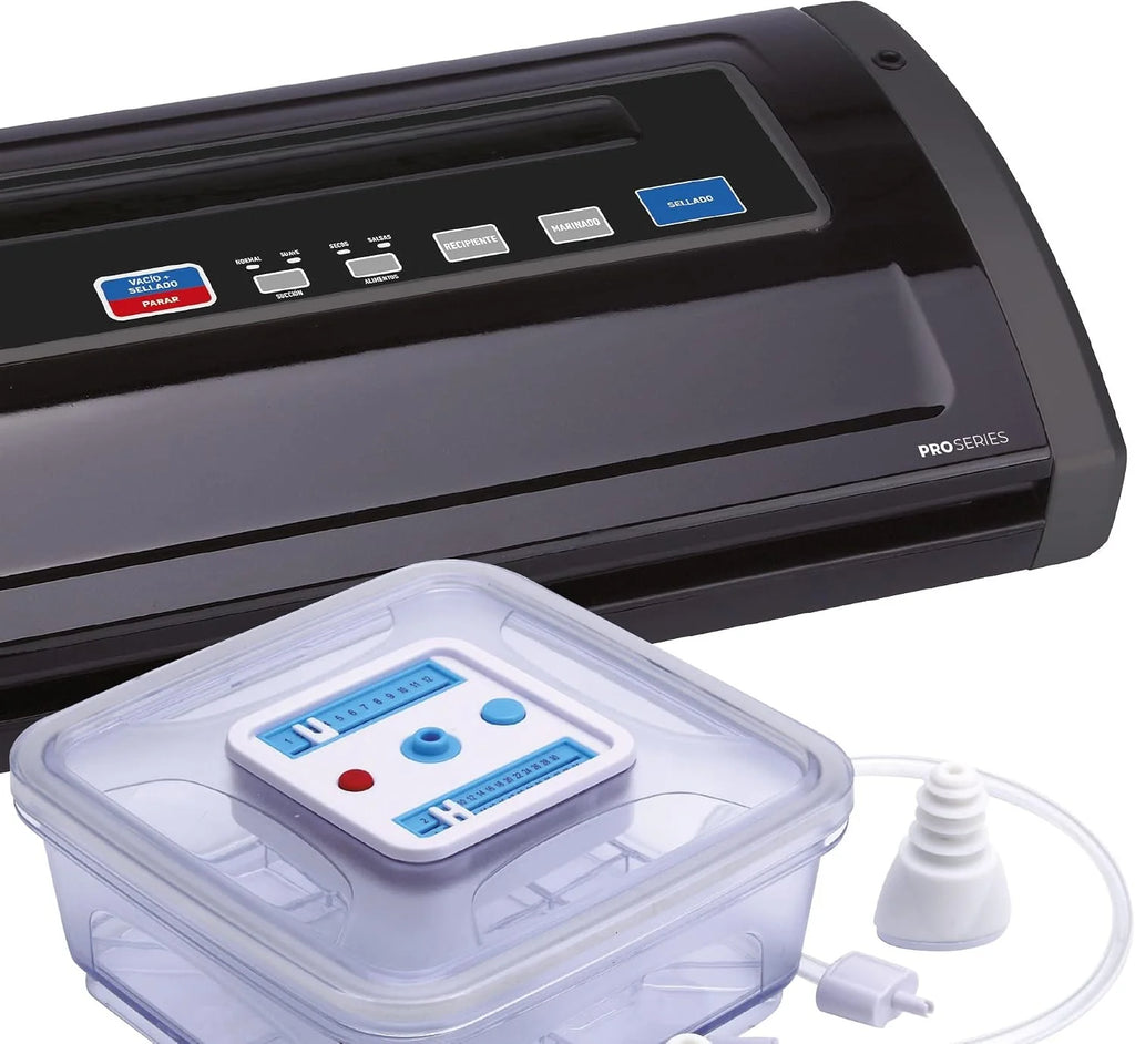 Jata EV1026 Envasadora al Vacío, 130 W, Potencia de Succión 0,85 bar, Capacidad de la Bomba 12 L por min, Permite el Vacío de Recipientes, Apta Bolsas 28 cm de ancho, Para Alimentos Secos y Salsas, Incluye 1 Recipiente Hermético 2 Rollo 2 Bomba Vacío