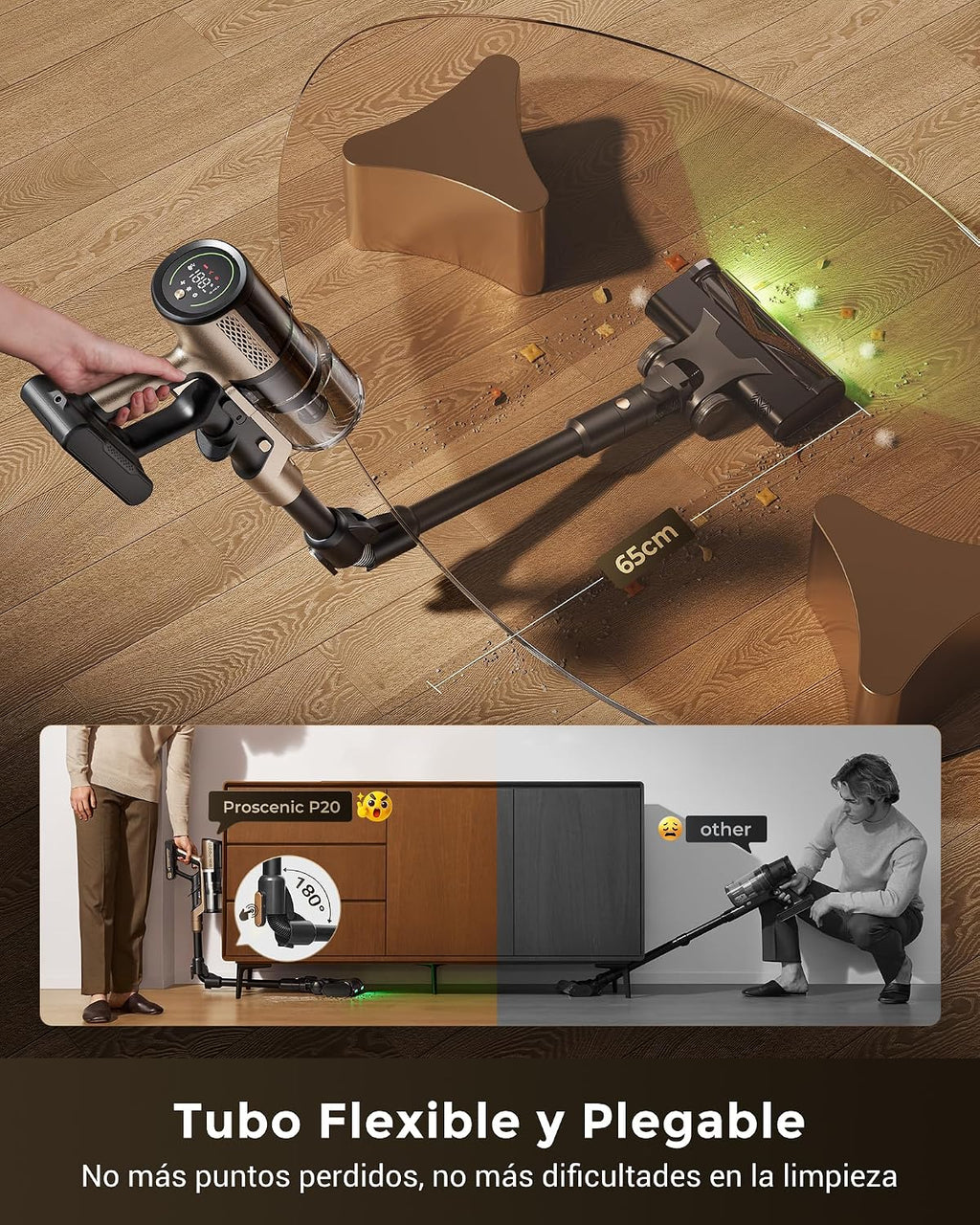 Proscenic P20 Aspiradora sin Cable 70kPa/680W/70Mins, Autoportante con Barra Plegable, Aspiradora con Cepillo Anti-Enredo para Pelo de Mascotas/Suelos/Alfombras, Marrón Y Negro