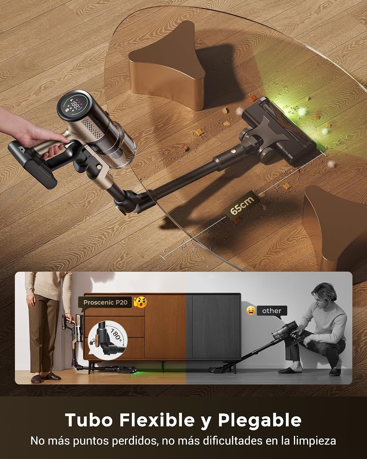 Proscenic P20 Aspiradora sin Cable 70kPa/680W/70Mins, Autoportante con Barra Plegable, Aspiradora con Cepillo Anti-Enredo para Pelo de Mascotas/Suelos/Alfombras, Marrón Y Negro
