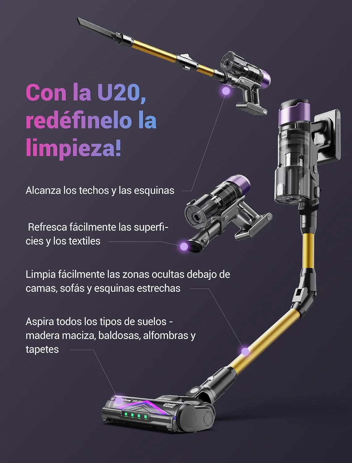 Ultenic Aspiradora sin Cable 55Kpa/55Min con Cepillo Antienredos Mejorado