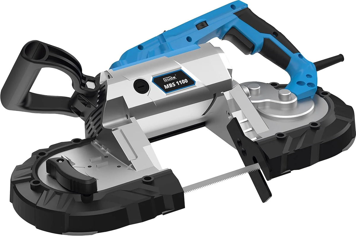 Güde Sierra de cinta metálica MBS 1100 (1100 W, mesa de trabajo extraíble (uso estacionario y móvil), velocidad de banda 144 m/min, 2 cintas de sierra 1140 mm, luz LED, potencia de corte