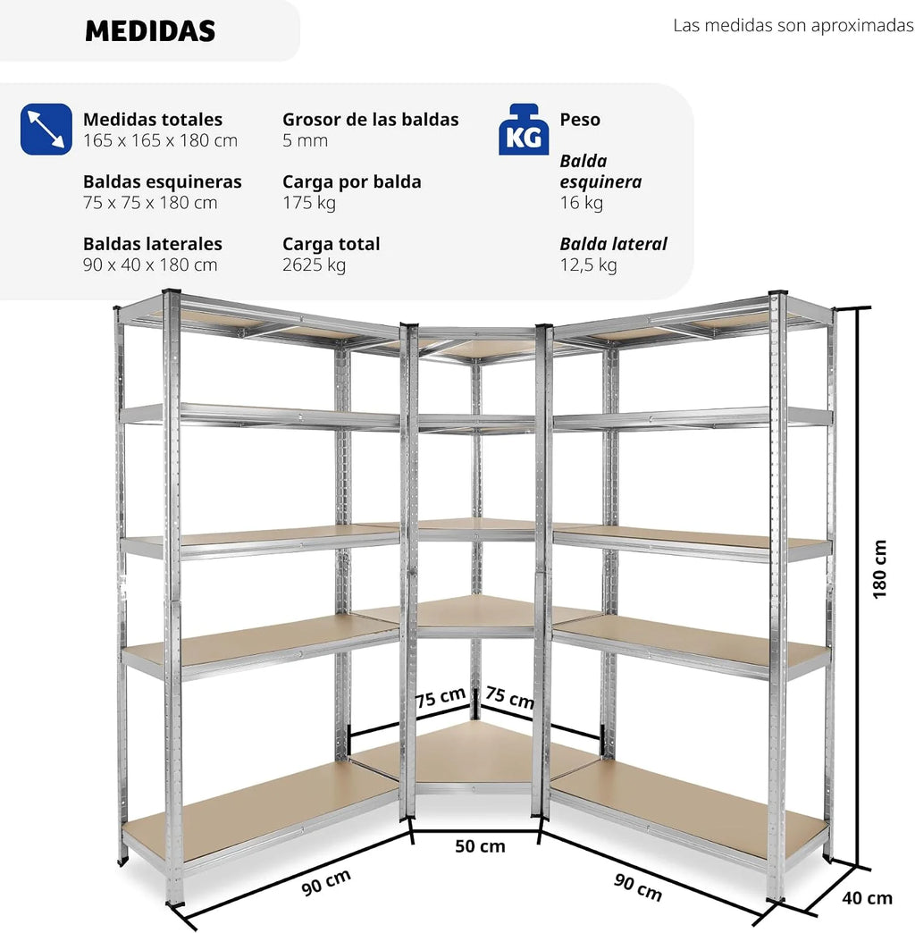 tectake® Estantería para Cargas Pesadas, 3 Partes, 15 Estantes, Estructura de Acero Galvanizado, Capacidad de Carga 2625 kg, Ajustable en Altura, Convertible en Bancos de Trabajo, Bordes Redondeados