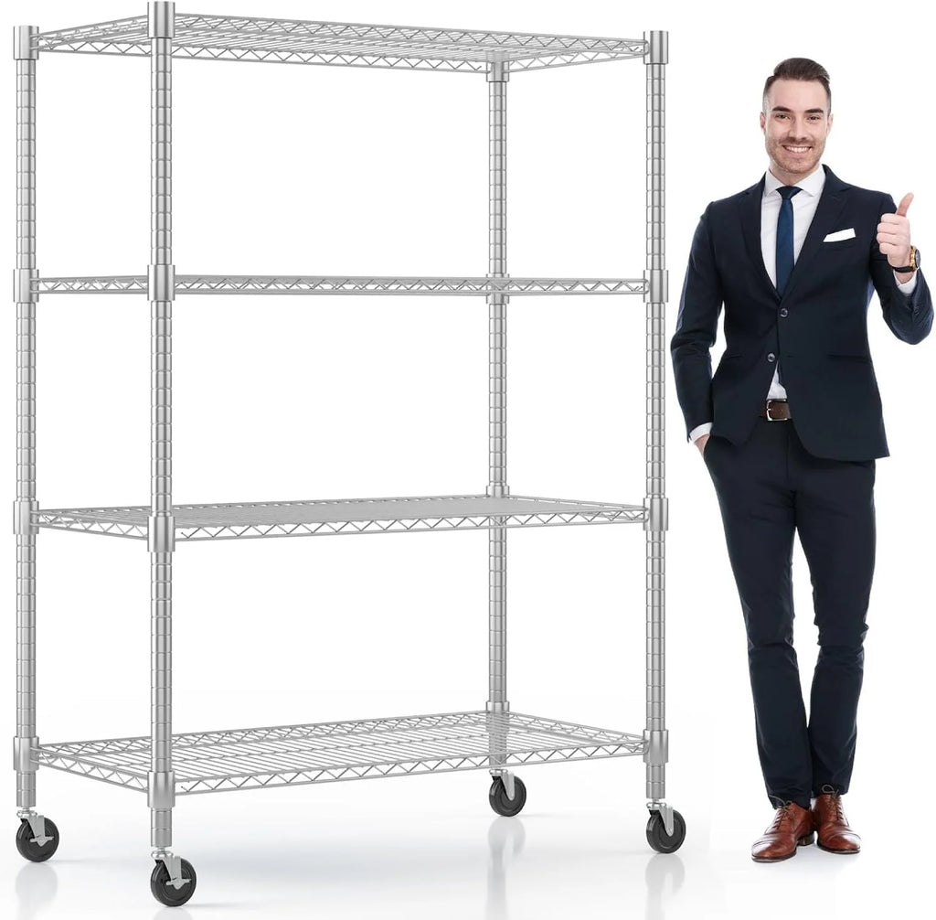 Himimi Estantería de Alambre de 4 Niveles con Ruedas, Altura Ajustable,con Pies Niveladores, Estante de Almacenamiento Metálico para Cocina, Baño, Dormitorio,Capacidad de 500 kg, 90*45*183 cm, Plata