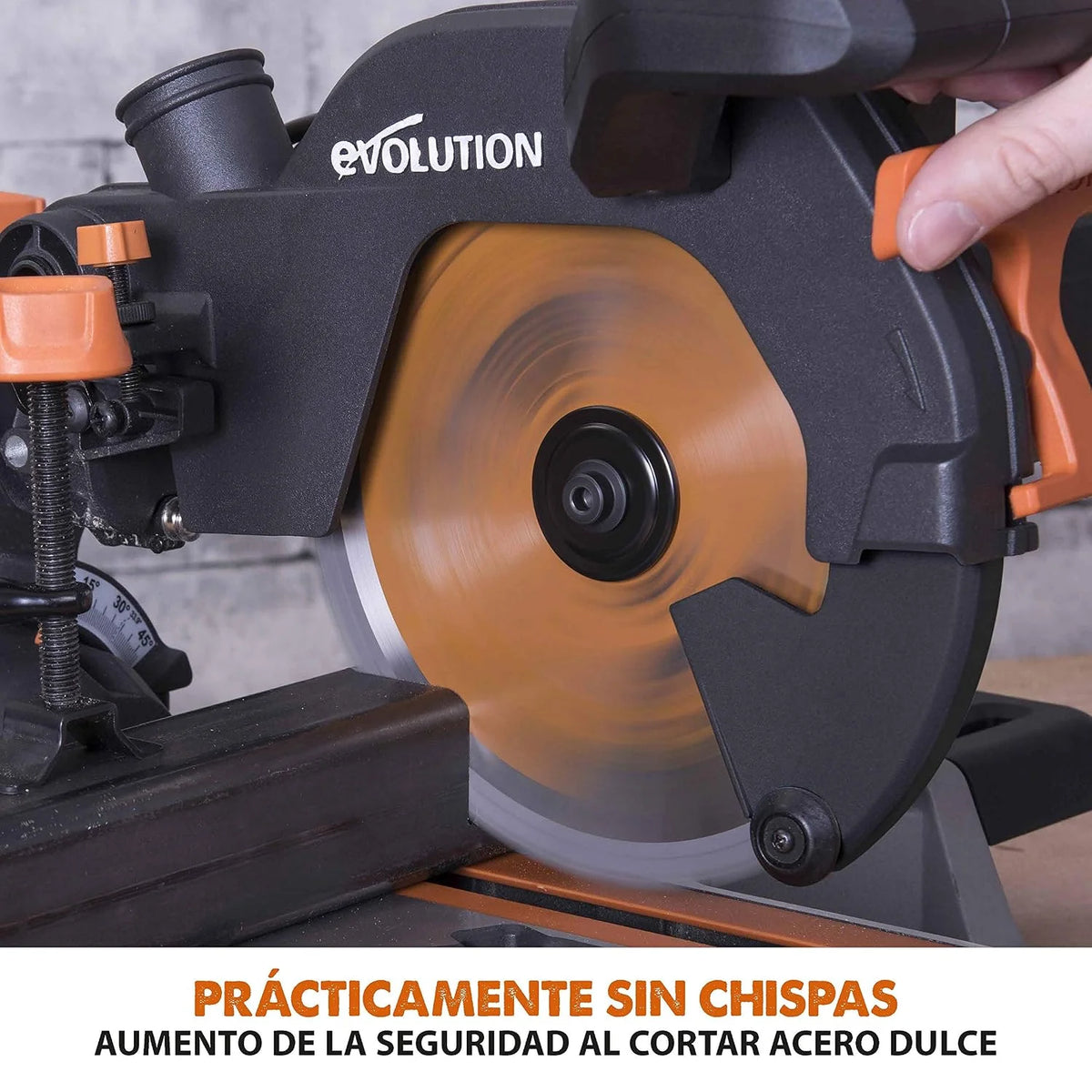 Evolution Power Tools R210SMS+ Ingletadora deslizante multimaterial de 210 mm, con paquete Plus, Corta acero dulce, aluminio, plástico, madera con clavos incrustados, 230 V