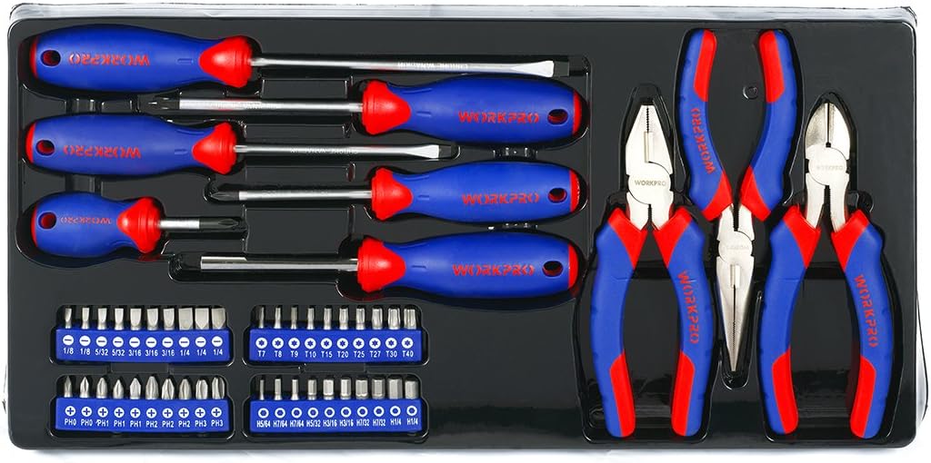 WORKPRO 408piezas Juego de Herramientas mecánicas, Caja de Herramientas Completa para mecánicos con 3 cajones, Caja de Metal Resistente