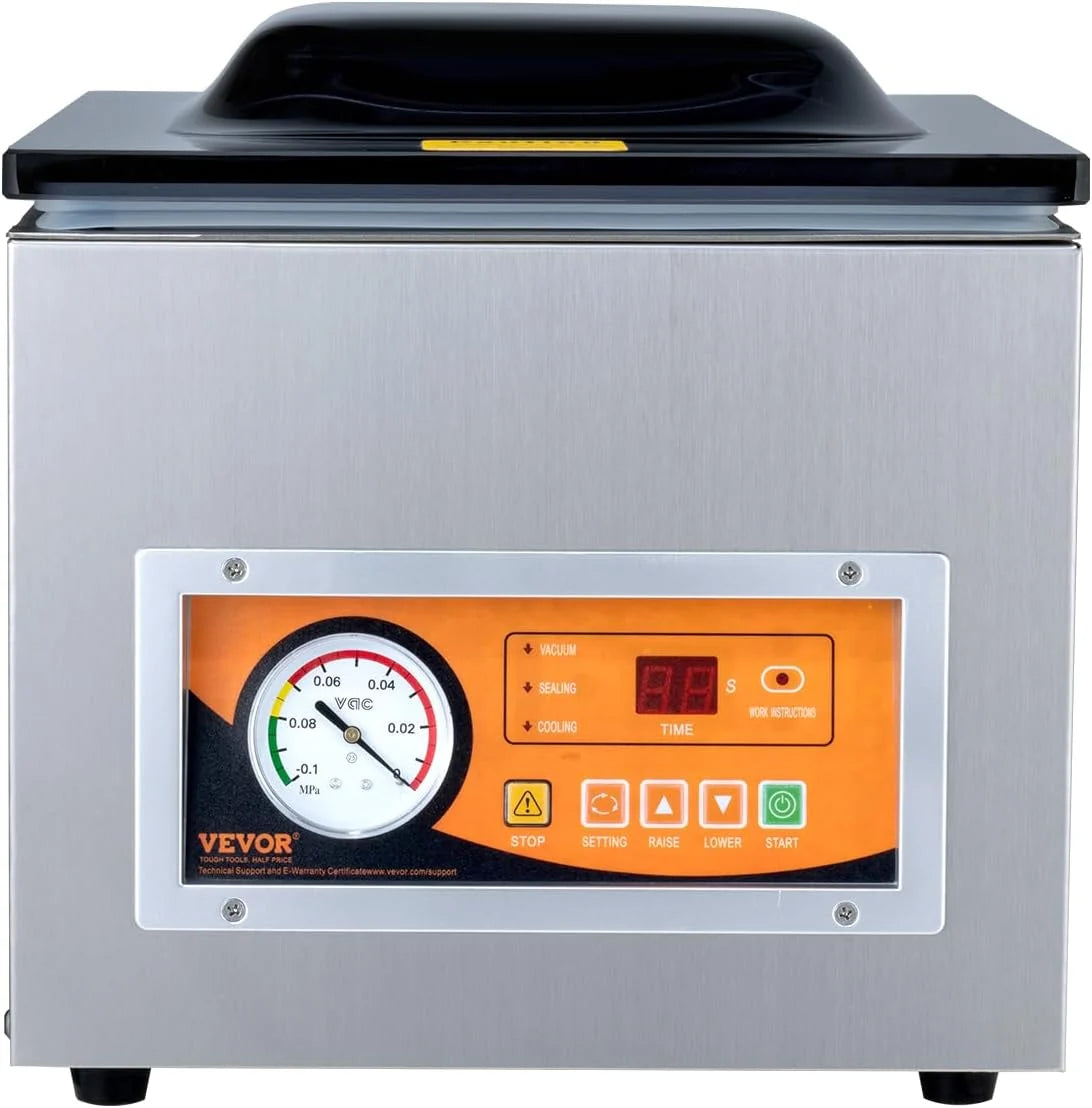 VEVOR Sellador al Vacío de Cámara 260 W Máquina de Envasado al Vacío de Acero inoxidable Tamaño Compacto de 260 mm para Cocina del Hogar Para Uso Comercial Para Alimentos Húmedos, Carnes y Adobos