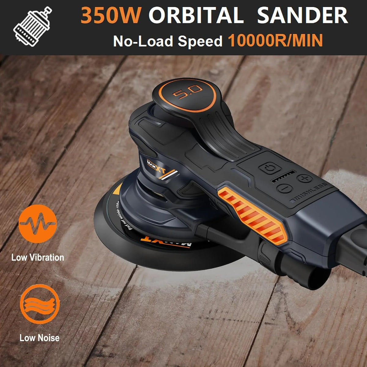 MAXXT Lijadora orbital,350w lijadora orbital aleatoria 10000 OPM con 6 velocidades variables y 10 piezas de 150mm papel,con Bolsillo Lavable de Recogida, para Lijar Madera y Metal