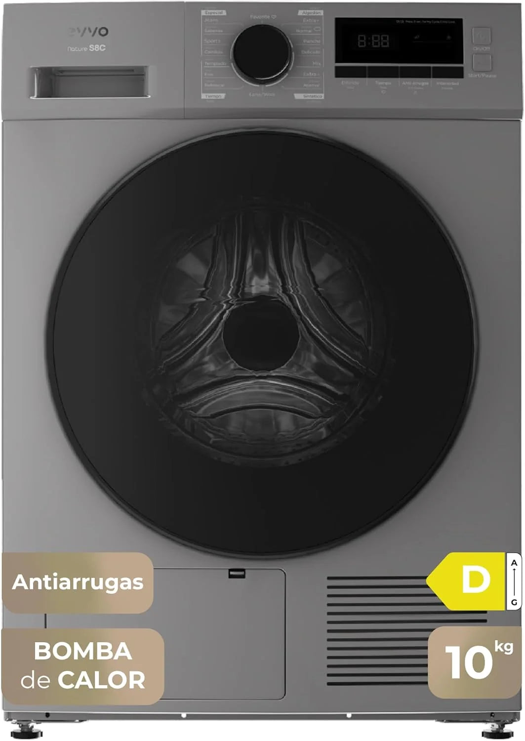 EVVO Secadora bomba de calor 10 kg S10X, Efic. Energética Clase D, Airfresh, Sensor de Humedad, Antiarrugas, Inicio Diferido, 16 Programas, Aire Frío, Instalación Fácil, Color Inox