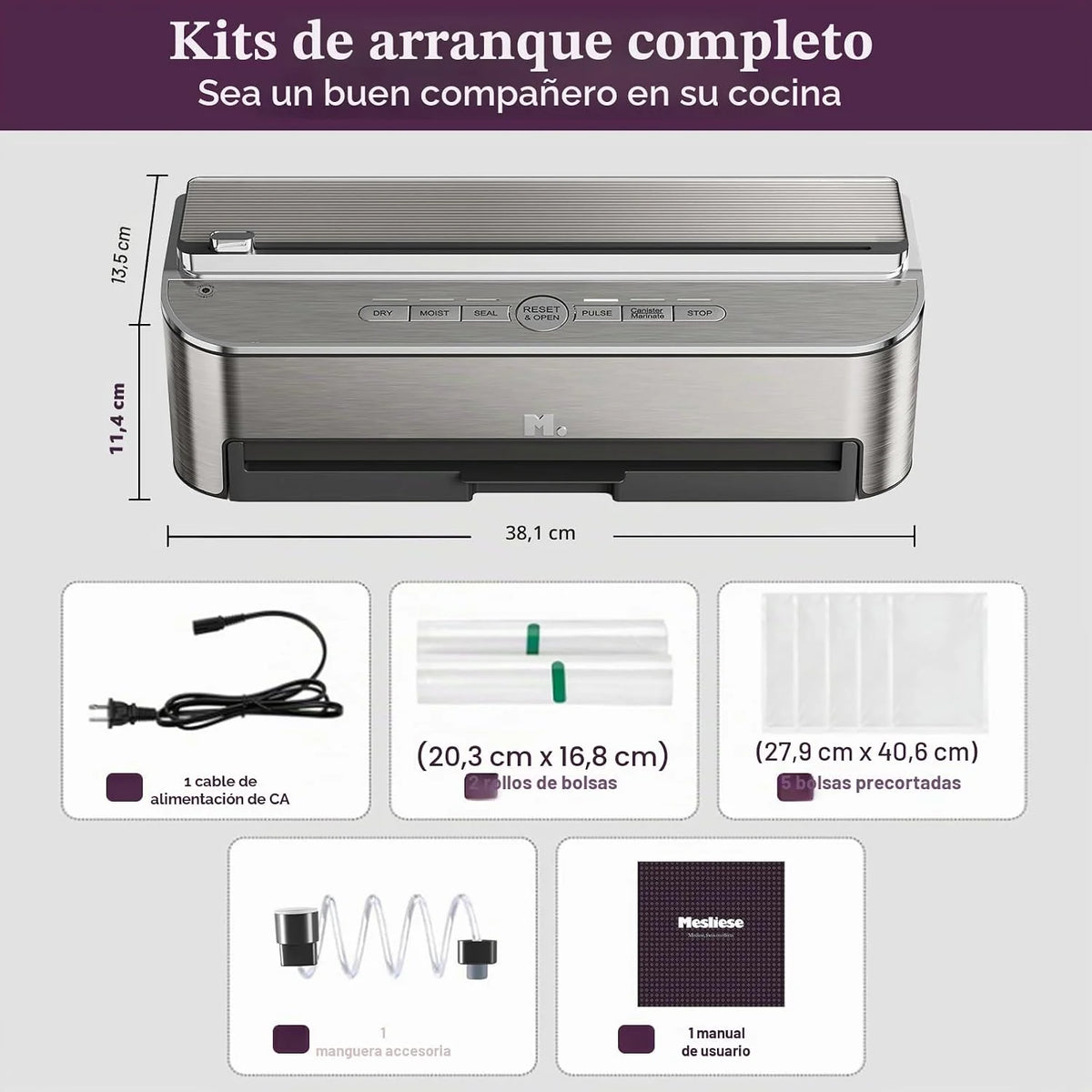 Mesliese 85kPa 120W Envasadora al Vacío, Cortador, 2 Rollos