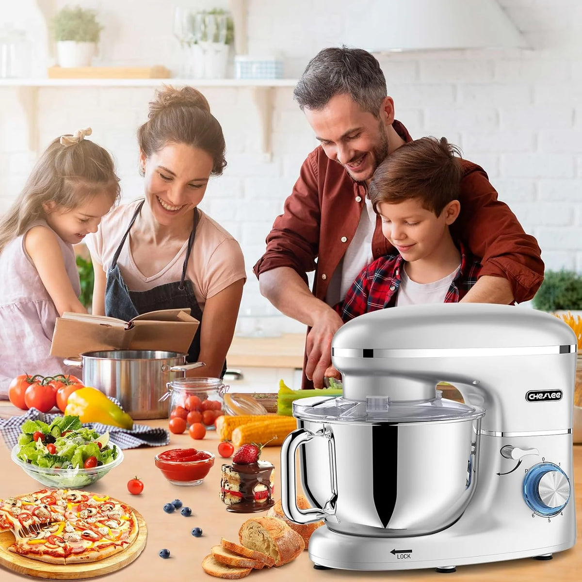 CHeflee Batidora Amasadora Profesional,2000W Amasadora Pan Repostería,6.2 L Bajo Ruido Robot de Cocina Multifunción,Gancho para Masa,Batidor Plano,Protección para Salpicaduras 6 Velocidades Batidora