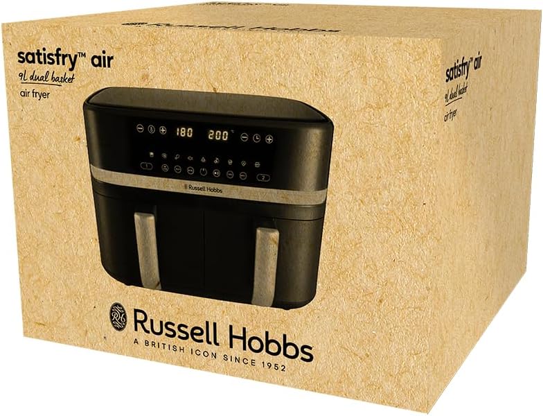 Russell Hobbs freidora de aire, freidora sin aceite, doble cesta 9 l, Air Fryer, ruido reducido, 9 programas, Rapid Air, máx. 200 °C, táctil, cestos aptos para lavavajillas, 2800 W, Satisfry 27681-56