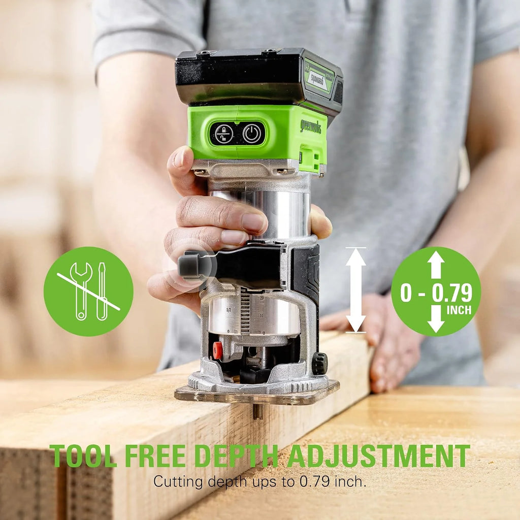 Greenworks 24V Fresadora De Madera Rebajadora sin cable, motor sin escobillas, 30000 RPM, control variable de 5 velocidades, sin batería ni cargador