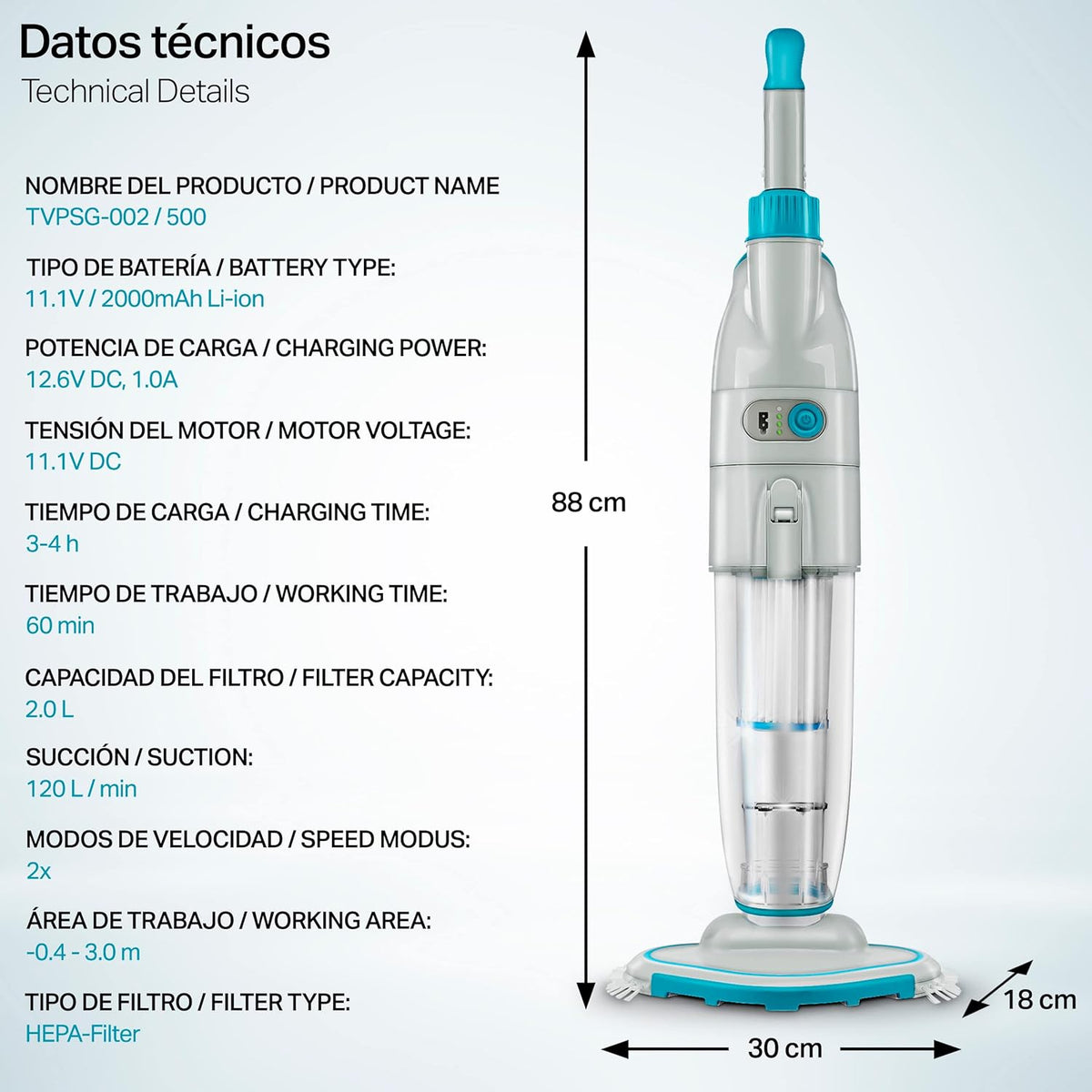 tillvex Limpiafondos Eléctrico de Piscina | Set Aspirador de Fondo Automático con Mango Telescópico | Aspiradora Inalámbrica de Limpieza con Filtro y 2 Velocidades