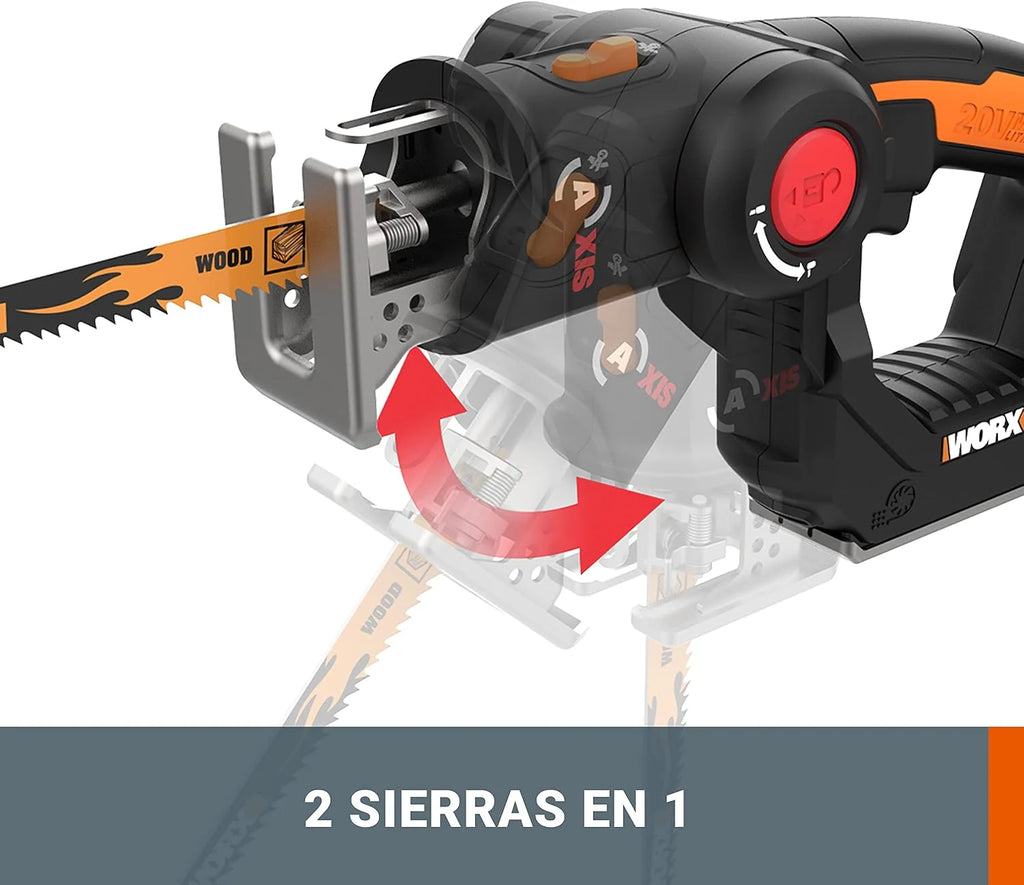 WORX WX550.9 Sierra Calar y Sable Axis 2 en 1 20V Sin Batería, Cambio Rápido de Hoja, Movimiento Pendular, Soplador, Doble Encendido, LED