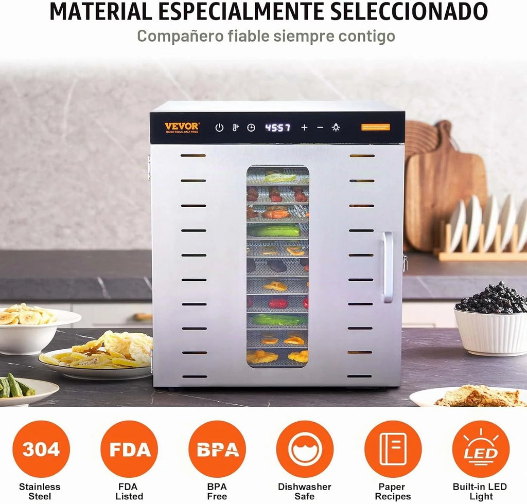 VEVOR Máquina Deshidratadora de Alimentos 10 Bandejas de Acero Inoxidable 1000 W Deshidratador Eléctrico de Frutas y Verduras Temperatura Ajustable 30-90 °C Temporizador 0,5-48 h para Hierbas, Carne