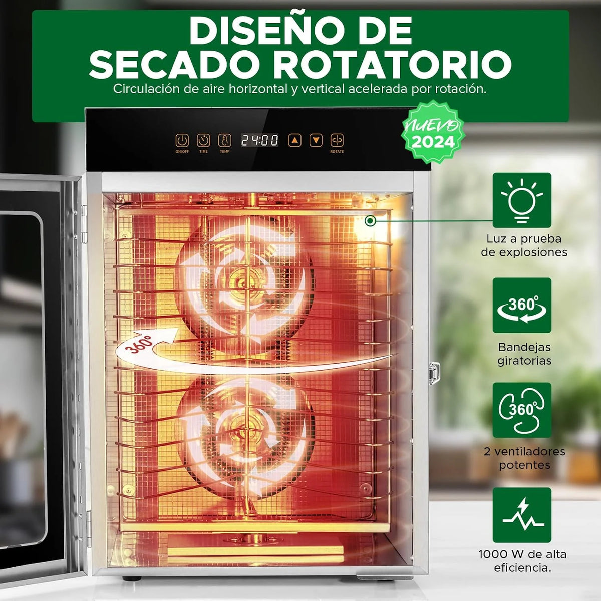 Kwasyo Deshidratador de Alimentos de Acero Inoxidable con 12 Rotar Bandejas, 1000W Secado eficiente de 720° con doble ventilador, Temporizador Temperatura Ajustabledeshidrata fruta, carne, verduras