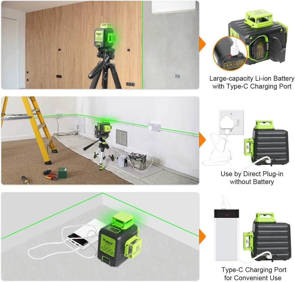 Huepar B03CG 3X360° Nivel Láser Verde 12 Líneas,Batería Recargable USB
