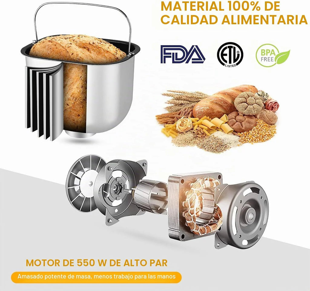 COOCHEER - Panificadora de 550 W, con 25 programas, acero inoxidable, totalmente automática con función de temporización de 13 horas, color plateado