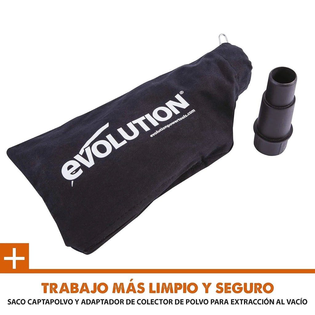Evolution Power Tools R210SMS+ Ingletadora deslizante multimaterial de 210 mm, con paquete Plus, Corta acero dulce, aluminio, plástico, madera con clavos incrustados, 230 V