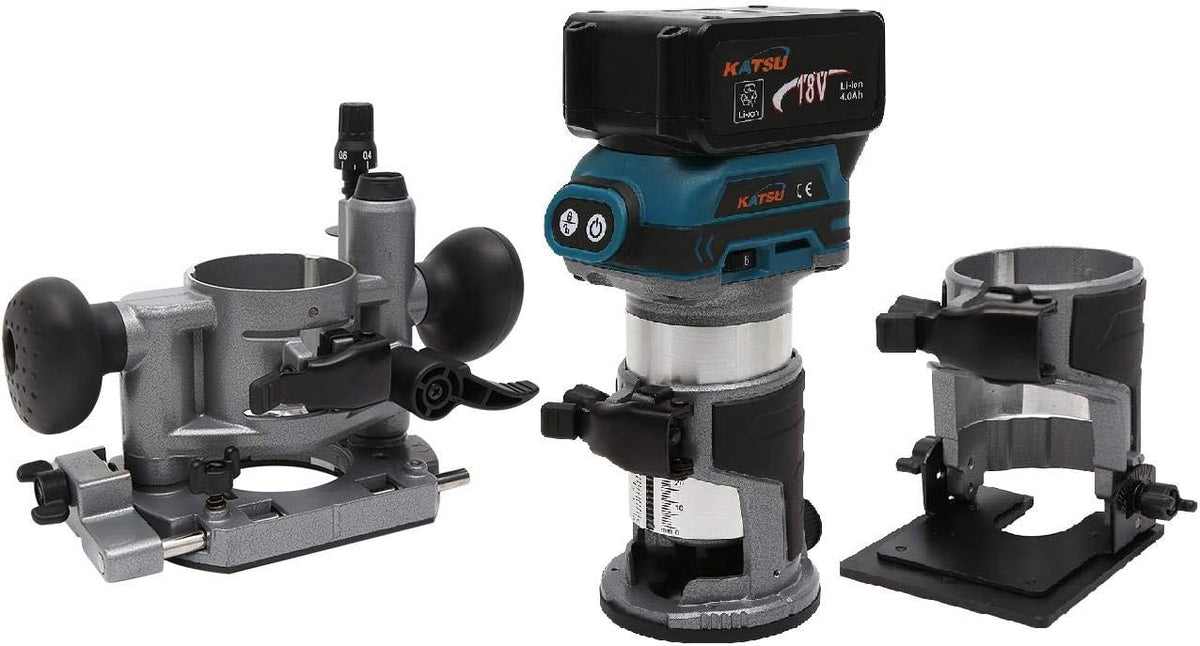 KATSU Juego de Fresadora de Madera Rebajadora Inalámbrica de 18 V con 3 Bases + 3 Pinzas de 6 mm, 8 mm y 10 mm + Batería 4.0 Ah y Cargador