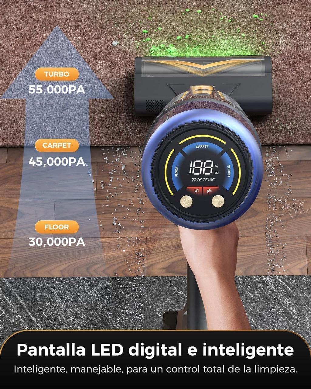 Proscenic Aspiradora sin Cable 55 kPa/650W/70 Min, Autoportante