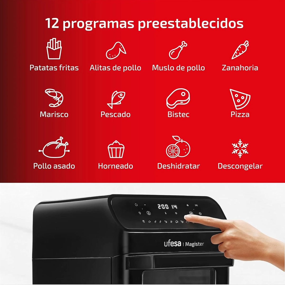 Ufesa Magister Freidora de Aire sin Aceite Airfryer de 12L, 12 Programas, 1850W, Temporizador, Temperatura 200ºC, 6 Accesorios Incluidos, Sin BPA, Exclusivo Amazon
