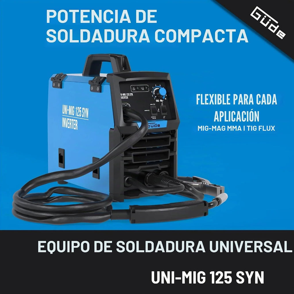 Güde Uni-Mig 125 SYN - Soldadora universal (230 V, 4 en 1, 120 A máx. corriente de soldadura, regulador de 20-120 A, incluye soporte para electrodos, paquete de manguera, abrazadera de tierra